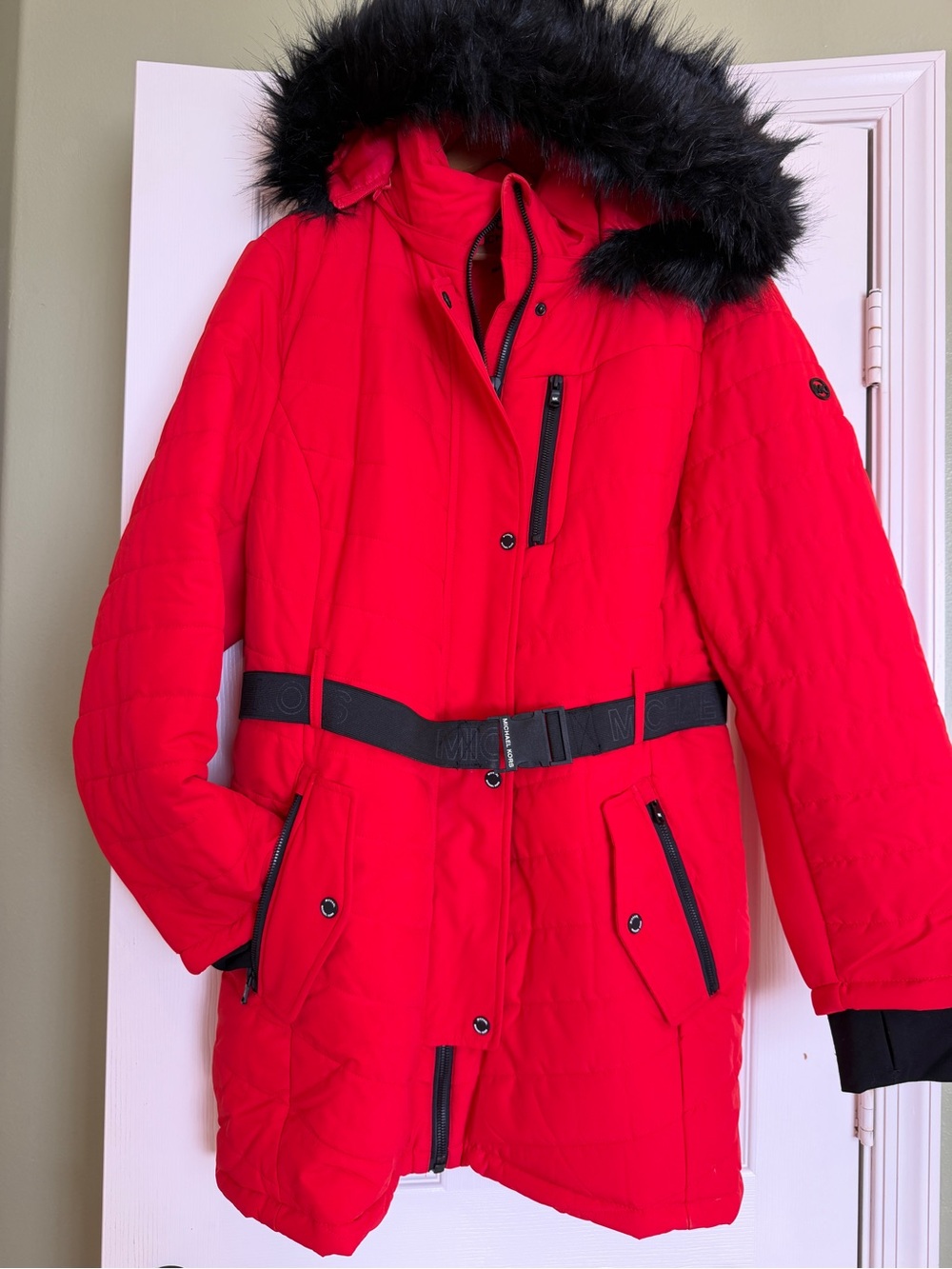Michael Kors Red Hooded Puffer Jacket with Black Faux Fur Trim